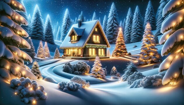 A winter Christmas scene with a snow-covered cottage and festive decorations, capturing the essence of a winter wonderland at night. Generative AI.