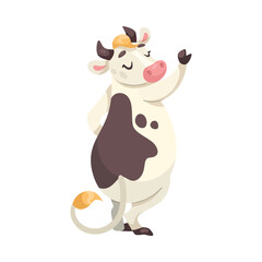 Obraz na płótnie Canvas Funny Cow Character with Udder and Spotted Body Standing Vector Illustration