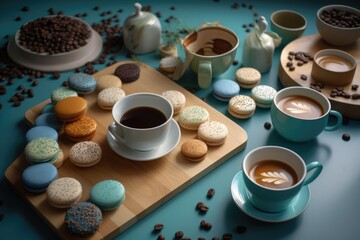Fototapeta na wymiar Coffee and cookies on aqua background