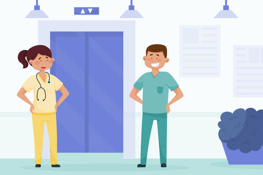 Male and Female Doctor Character Standing in Hall Vector Illustration