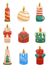 Holiday Christmas candle. Home interior. Hand drawn style. Vector drawing. Collection of design elements.