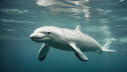 Fototapeta premium A lifelike image of a gentle and friendly beluga whale swimming gracefully - AI Generative