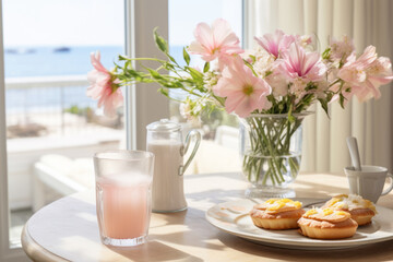 Obraz na płótnie Canvas Breakfast on a terrace with blooming flowers and a sea view on a sunny day. Generative AI