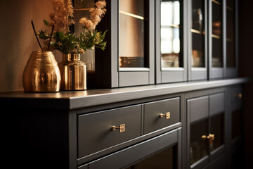 Detail of a black cabinet door in beautiful hall. Elegant luxury interior. Generative AI illustration
