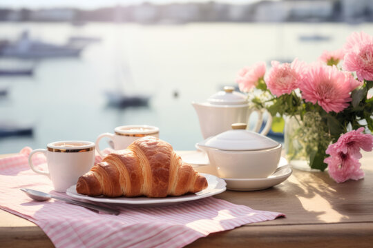 Breakfast on hotel balcony decorated with fresh flowers and croissants overlooking sea view. Generative AI