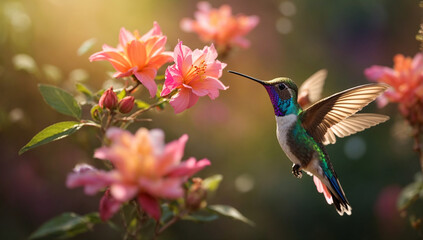 A lifelike image of a graceful and agile hummingbird hovering near a flower - AI Generative
