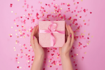 Woman's hands holding gift box decoration confetti on pink pastel background, top view. Generative AI