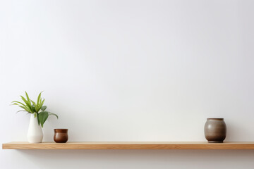 Wood floating shelf with plants and vases on white wall. Interior design of modern living room. Generative AI - obrazy, fototapety, plakaty