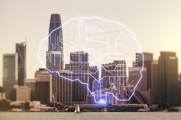 Double exposure of creative human brain microcircuit hologram on San Francisco office buildings...