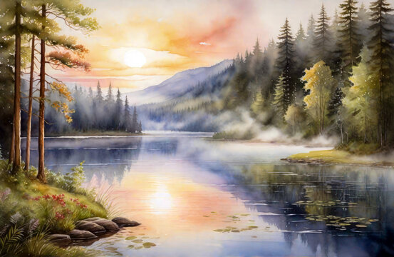 Beautiful watercolor painting of a lake with trees and mountains. Generative ai