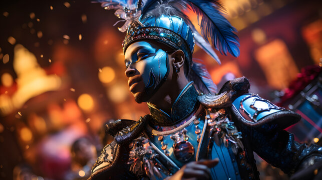 A captivating photo of a Mardi Gras marching band in dazzling uniforms, creating an atmosphere filled with the infectious rhythms of New Orleans.