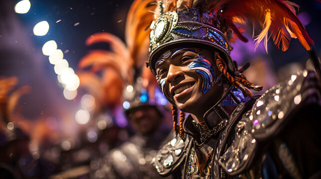 A captivating photo of a Mardi Gras marching band in dazzling uniforms, creating an atmosphere filled with the infectious rhythms of New Orleans.