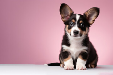 big-eared puppy welsh corgi cardigan, pink studio background. a dog, a touching pet. copy space.