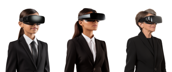 Brunettes of different ages wearing virtual reality glasses, cut out - stock png.