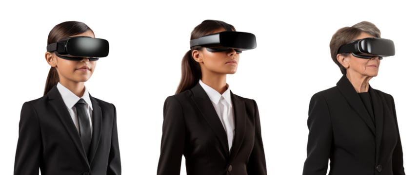 Brunettes of different ages wearing virtual reality glasses, cut out - stock png.