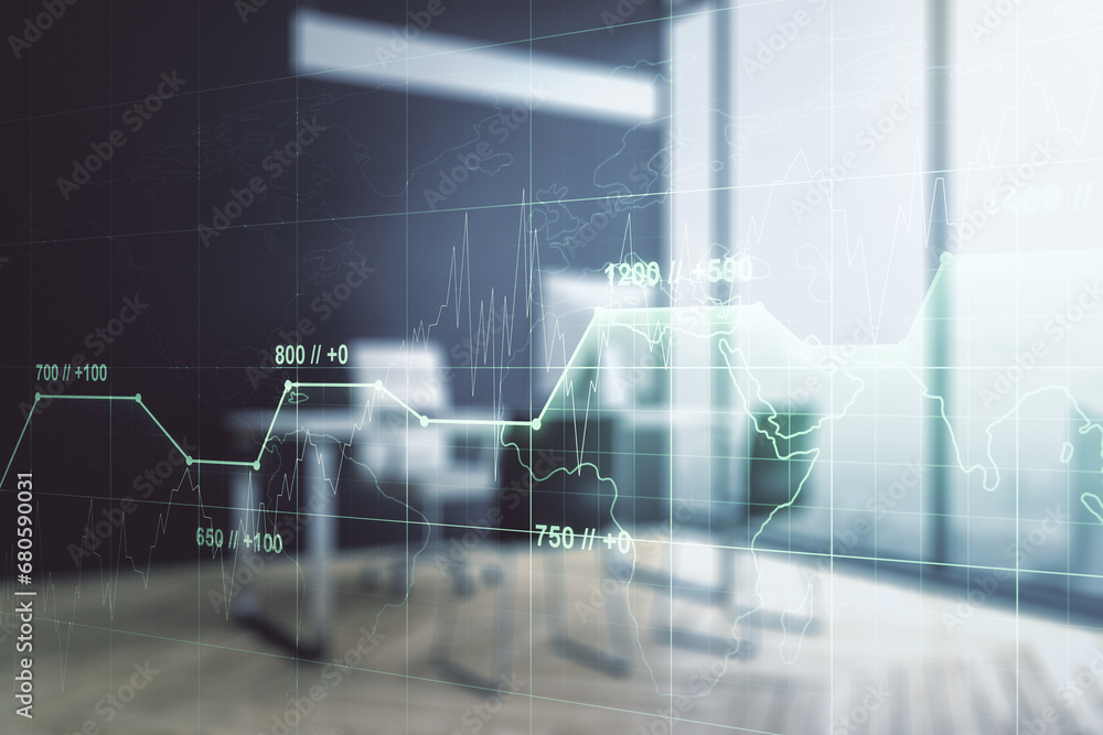 Poster multi exposure of creative statistics data hologram and modern desktop with laptop on background, st