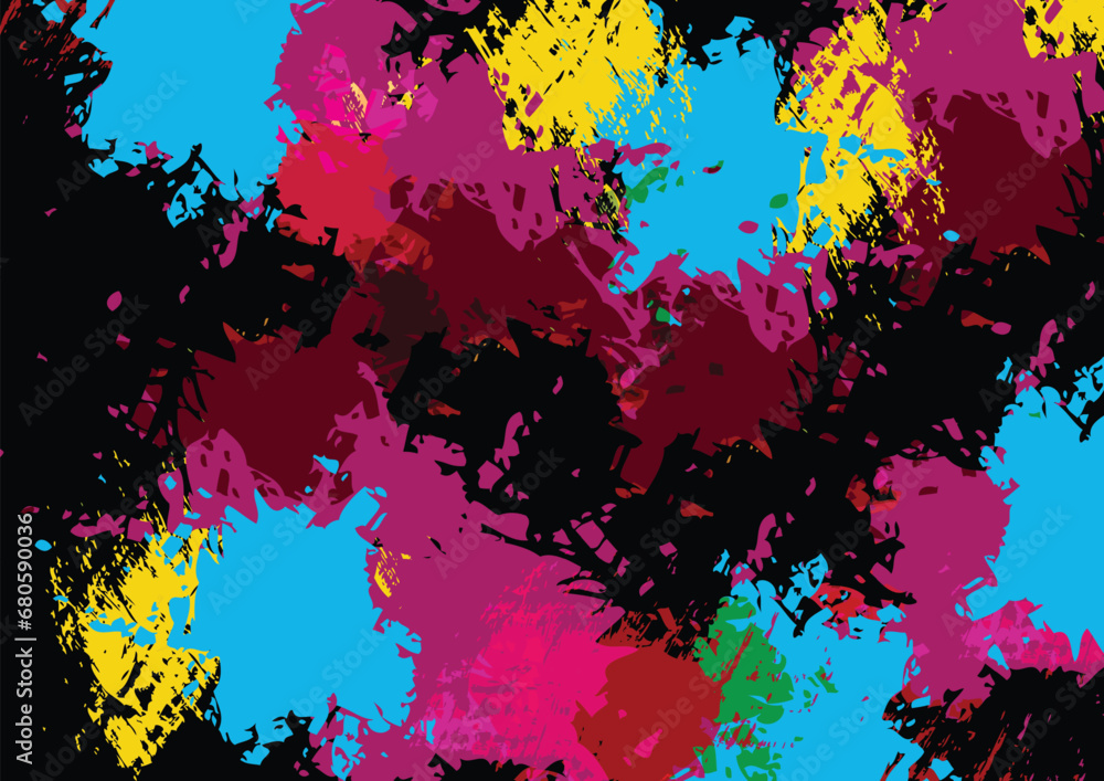 Poster abstract vector splatter multicolor on black color design background. splash background design. illu