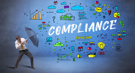 businessman hiding behind umbrella concept