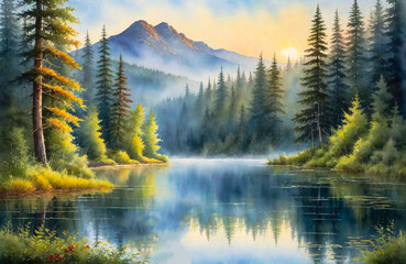 Beautiful watercolor painting of a lake with trees and mountains. Generative ai
