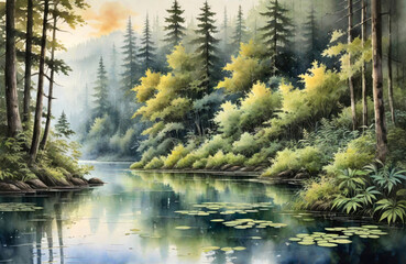 Obraz premium Watercolor painting of a river in the forest illustration. Generative ai