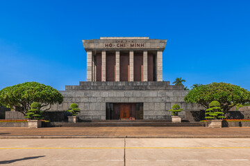 Ho Chi Minh Mausoleum, the resting place of Vietnamese revolutionary leader and President, in Hanoi, Vietnam. Translation: President Ho Chi Minh. - obrazy, fototapety, plakaty