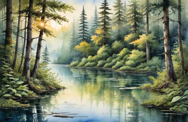 Obraz premium Watercolor illustration of a river in the forest. Generative ai