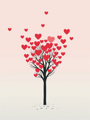 Minimalist art illustration of trees with hearts as leaves and balloons.