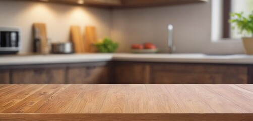 Wooden table on blurred kitchen bench background. Empty wooden table and blurred kitchen background for display or montage your products