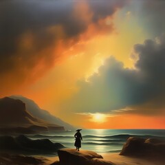 Fototapeta na wymiar silhouette of person on the beach at sunset