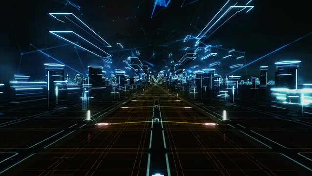 Flying Over a Magic Virtual World, Metaverse. Futuristic Abstract Loopable Background. Infinite Road with Line Connections and City in the Background. Technology Concept. Neon Colors.