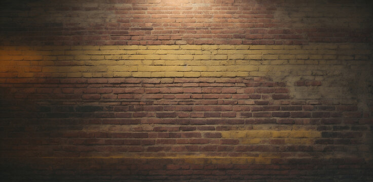 Old grunge and rustic pastel yellow brick wall. Sign. logo or product placement concept background. Advertisement idea. Copy space.