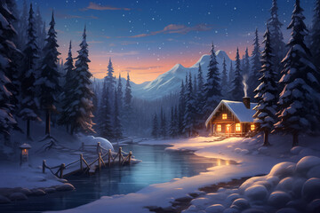 Winter landscape with a wooden cabin by a river in a snow covered forest at night - obrazy, fototapety, plakaty
