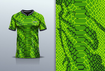 T-shirt mockup with abstract snake skin jersey design for football, soccer, racing, esports, running, in green color