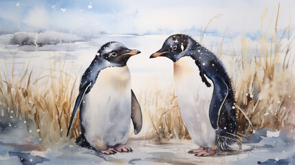 A family of penguins in the middle of a snowy field, drawn with watercolors.