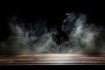 A dark setting complements an empty wooden table with ethereal smoke trails, perfect for presenting your products. Created with generative AI tools - obrazy, fototapety, plakaty