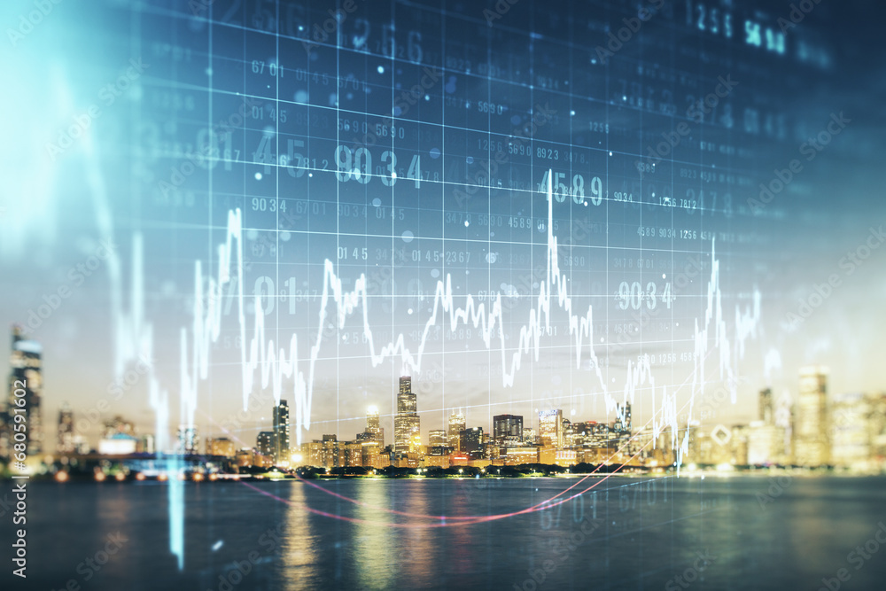 Poster multi exposure of virtual abstract financial graph interface on chicago cityscape background, financ