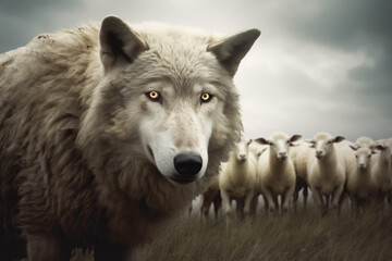 Fototapeta premium A wolf in sheep's clothing amidst a flock of unsuspecting sheep, symbolizing deception and disguise