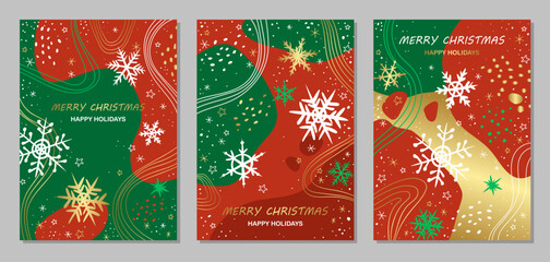 Set of winter covers. Festive backgrounds for Christmas and New Year. Templates with snowflakes, abstract shapes and wavy lines. Design in red, green and gold colors. Vector illustration.