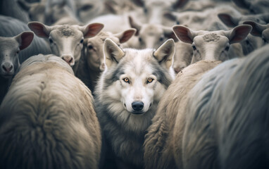 A wolf hiding amongst a flock of sheep