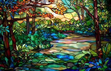 Landschaft - Glasmalerei Mosaik von Natur am Teich - buntes Tiffany Glas