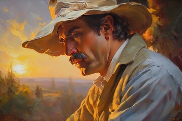 a vertical shot of a cowboy in a hata vertical shot of a cowboy in a hat cowboy on the background of a landscape