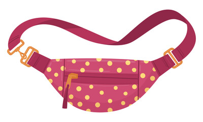 Vintage zipped pouch. Cartoon nylon waist bag in polka dot, belt bag with zipper pocket flat vector illustration. Waist old school bag