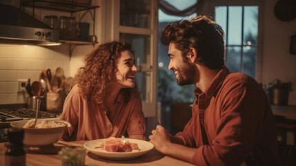 Fototapeta na wymiar copy space, stockphoto, A loving couple enjoying date night, laughing and cooking together in a home kitchen, expressing love and togetherness. Couple preparing food in the kitchen.