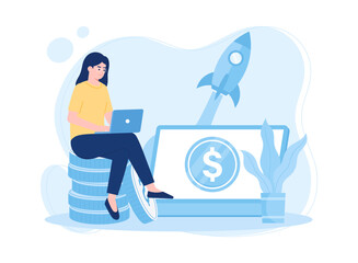 A business woman is analyzing the results of the annual financial report concept flat illustration