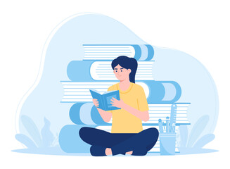 A woman is reading and searching to gain new knowledge concept flat illustration