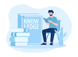 A man reading a book and browsing concept flat illustration