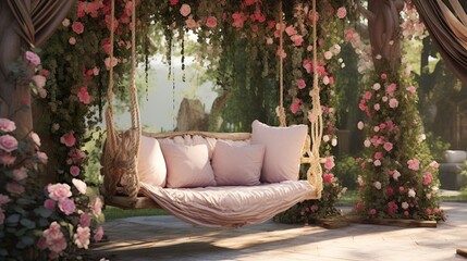 A picturesque garden swing adorned with cushions, draped fabric, and heart-shaped garlands.