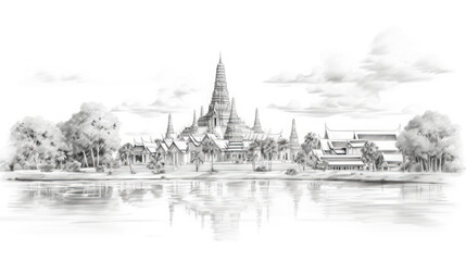 pencil drawing Ayutthaya, an ancient Thai castle