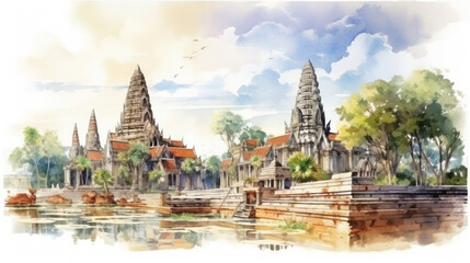 Fototapeta premium watercolor painting Ayutthaya, an ancient Thai castle