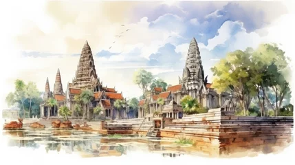 Fototapeten watercolor painting Ayutthaya, an ancient Thai castle © EmmaStock